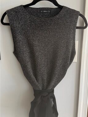 Zara Grey/Black Tie-Waist Sleeveless Crew Sweater